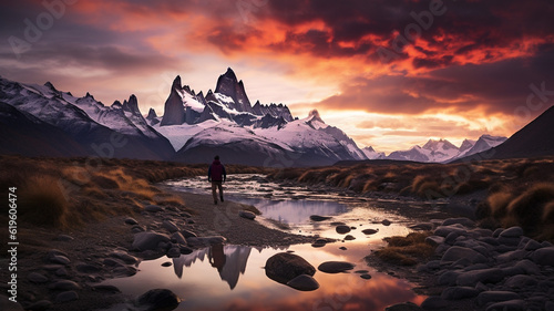 Patagonia mountain landscape in Argentina, mountain peaks and rivers