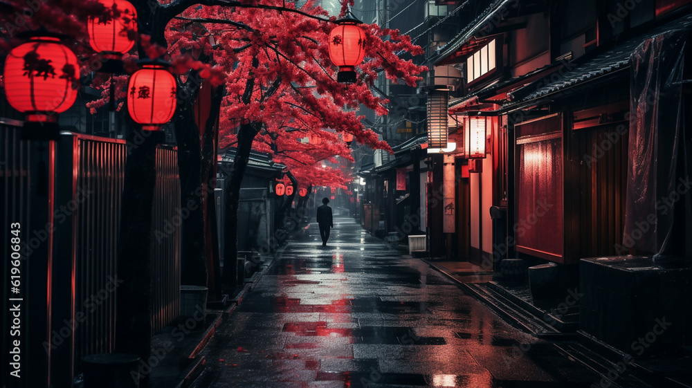 Japan streets, pink and red lights
