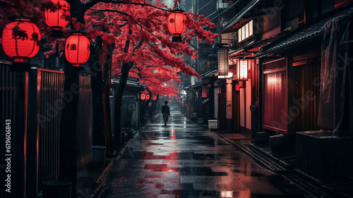 Japan streets, pink and red lights