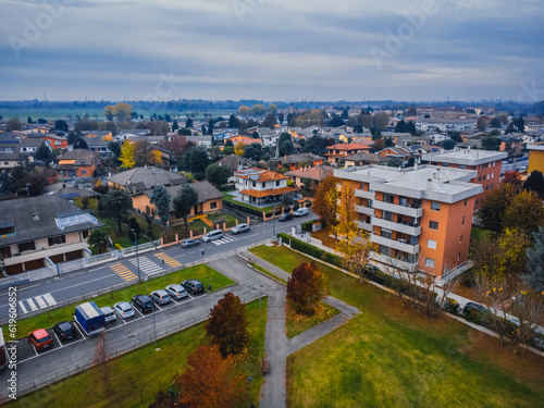 Aerial View Sesto Ulteriano, Milan. A suburb of Milan photo from a drone. Autumn in Italy