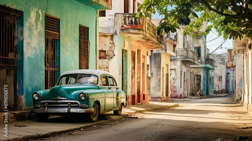 Old traditional vintage car in colorful street in Cuba © Artofinnovation