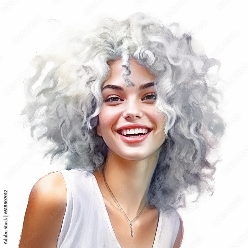 Portrait of a happy beautiful young woman with curly hair on white background. Fashion girl in sketch-style. Portrait of a beautiful smiling woman with curly hair. Beauty, fashion. .