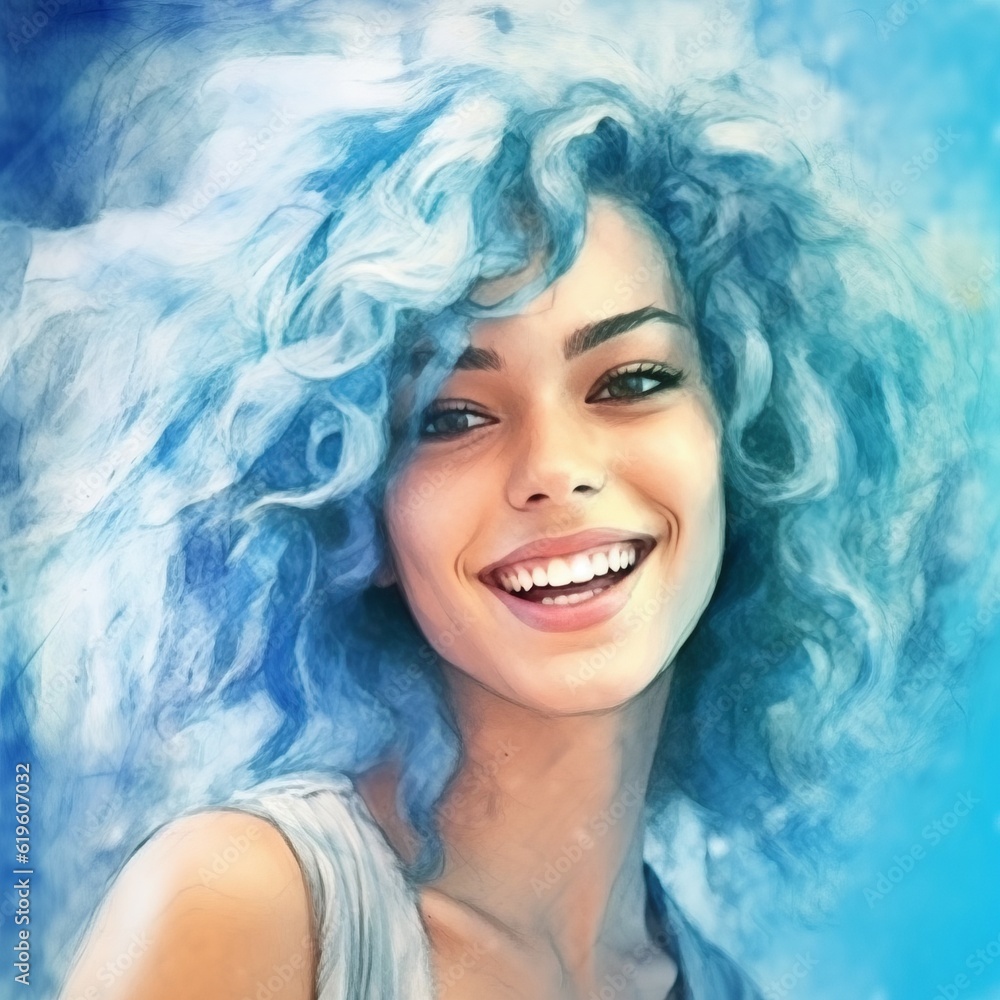 Portrait of a happy beautiful young woman with blue curly hair. Portrait of a beautiful smiling girl with blue hair. Digital watercolor painting. Fashion girl in color sketch-style. Beauty, fashion.. Portrait of a happy beautiful young woman with blue curly hair. Portrait of a beautiful smiling girl with blue hair. Digital watercolor painting. Fashion girl in color sketch-style. Beauty, fashion..