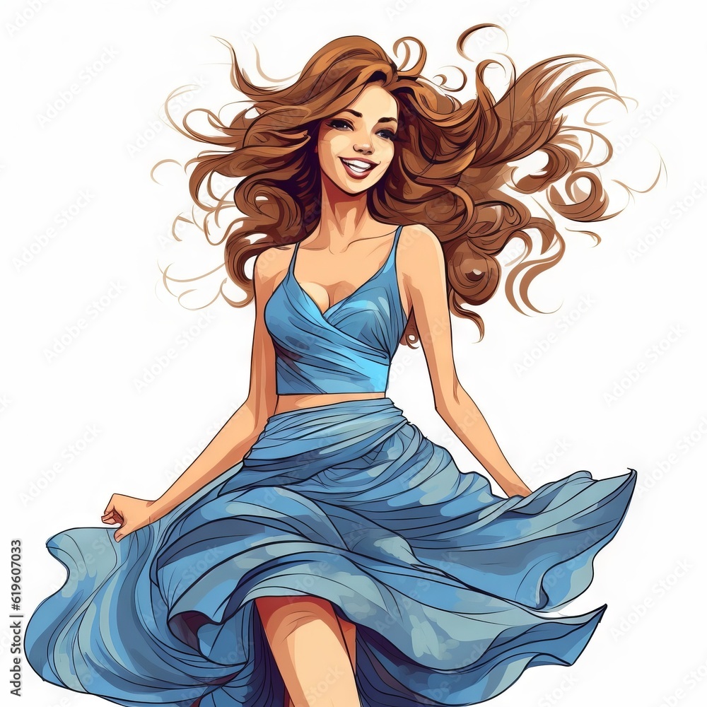 Beautiful young woman in a blue dress. Hand drawn vector illustration. Beautiful woman with long hair in a blue dress. Vector illustration. Beautiful young woman in a blue dress. Hand drawn vector illustration. Beautiful woman with long hair in a blue dress. Vector illustration.