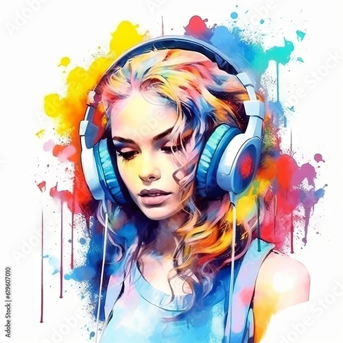 Art portrait of a beautiful young woman with headphones listening to music Portrait of a beautiful young woman in headphones. Digital watercolor painting. Colorful oil splashes.