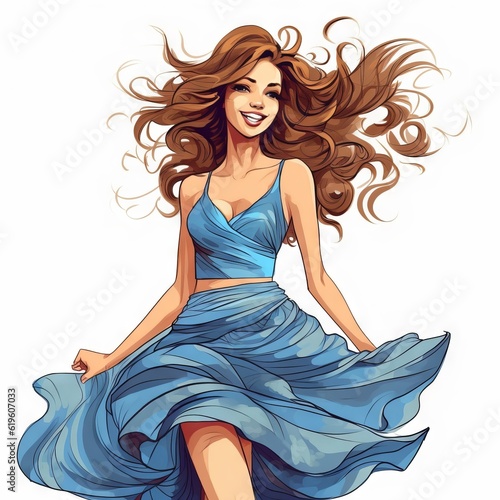 Beautiful young woman in a blue dress. Hand drawn vector illustration. Beautiful woman with long hair in a blue dress. Vector illustration.