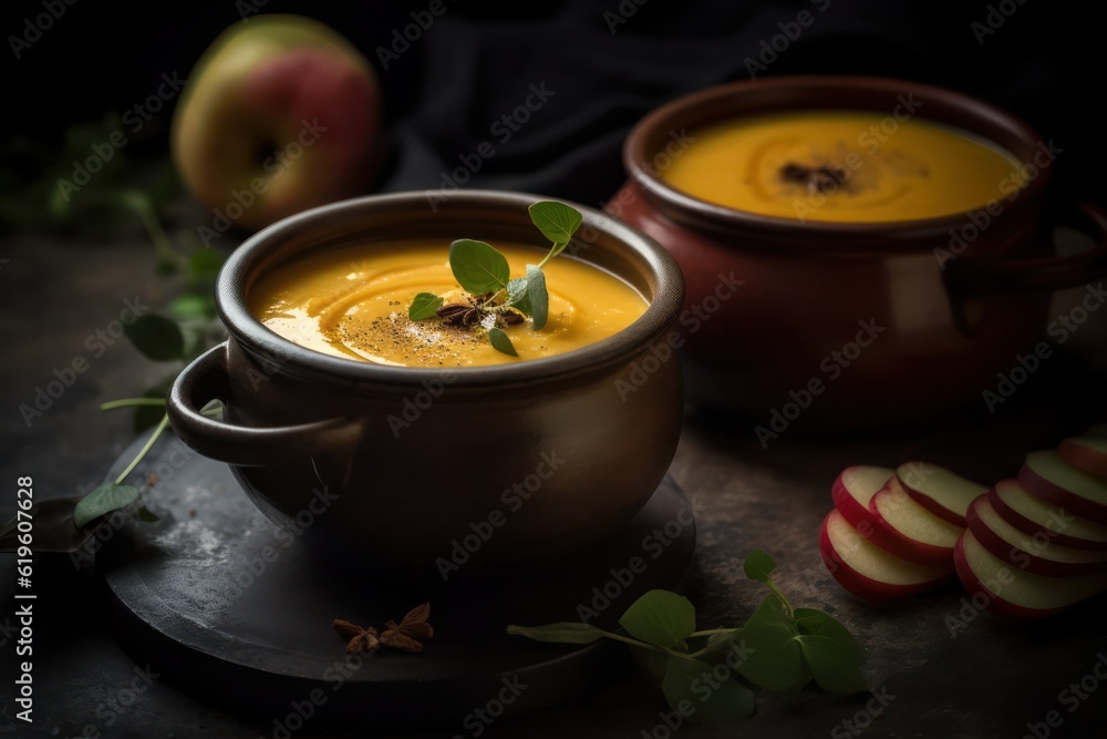 Pumpkin soup with cream, parsley, croutons and pumpkin seeds on a dark background. Generative AI Pumpkin soup with cream, parsley, croutons and pumpkin seeds on a dark background. Generative AI