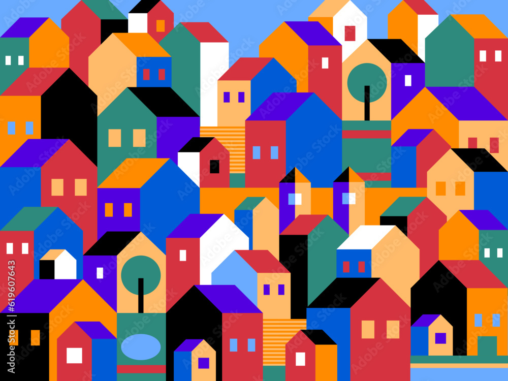 Seamless pattern with houses. Seamless pattern with town houses. Vector background with cartoon town. Town seamless pattern with cute colorful houses Seamless pattern with houses. Seamless pattern with town houses. Vector background with cartoon town. Town seamless pattern with cute colorful houses