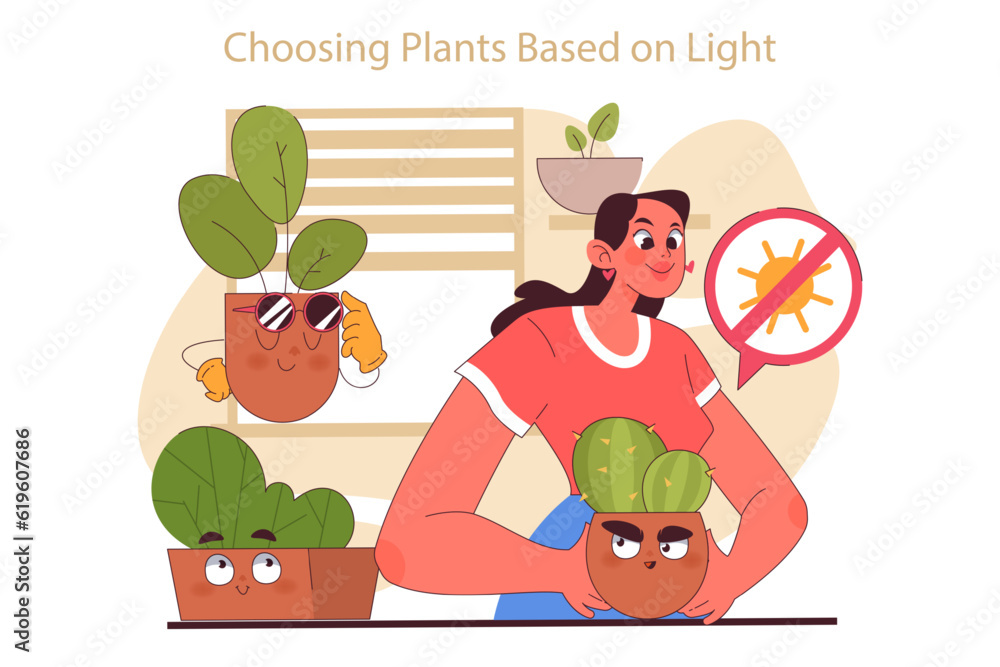House plant location based on light. Woman enjoy gardening taking care House plant location based on light. Woman enjoy gardening taking care