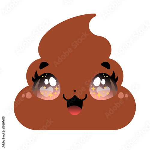 Happy poop design. Pin, patch, stamp, icon, sticker. Emoji. Vector illustration. Hand drawn design