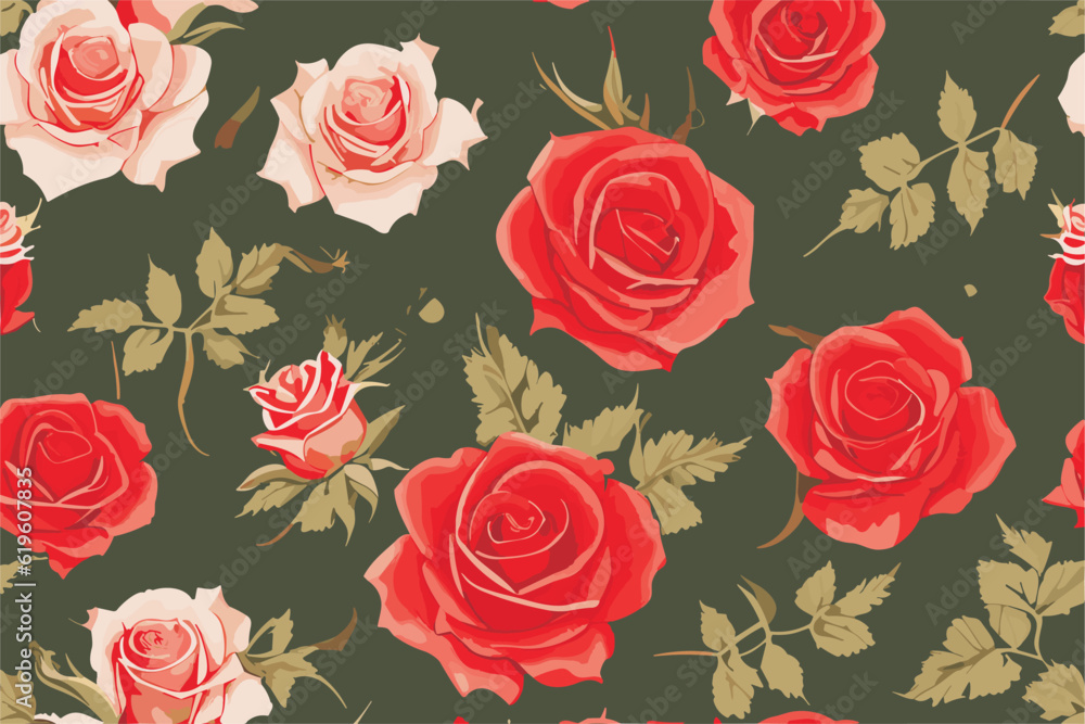 Vector seamless floral pattern with red and pink roses
 flowers, buds and green leaves on
a dark background. Wedding day greeting card.