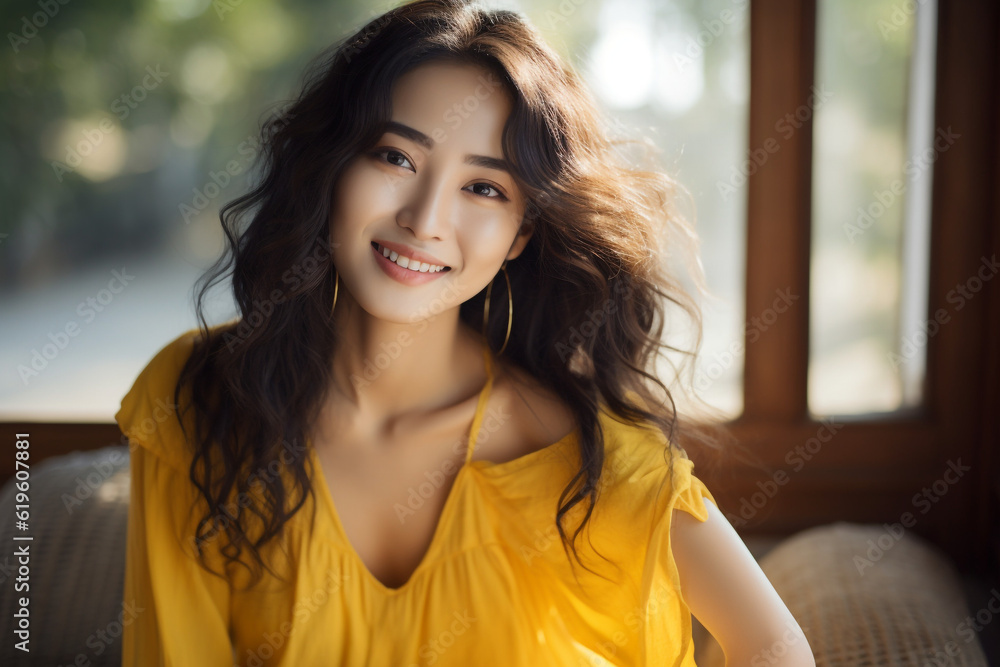 portrait of a beautiful smiling asian woman with long dark hair wearing yellow fress. High quality photo portrait of a beautiful smiling asian woman with long dark hair wearing yellow fress. High quality photo