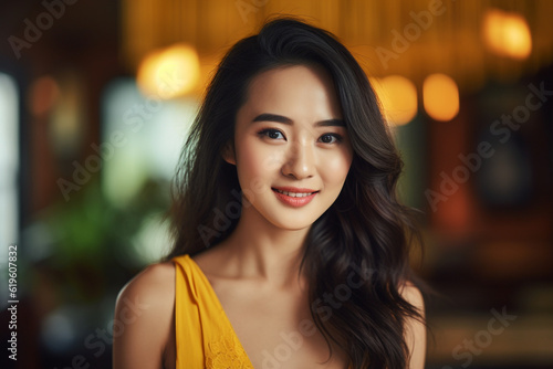 portrait of a beautiful smiling asian woman with long dark hair wearing yellow fress. High quality photo