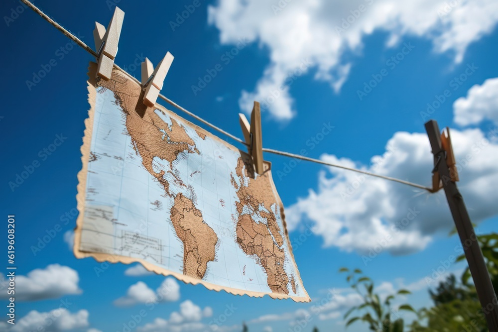 a geographical old map hangs on a clothesline on clothespins against the sky. travel concept. Generative AI a geographical old map hangs on a clothesline on clothespins against the sky. travel concept. Generative AI