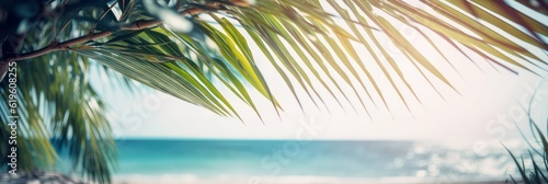 Beautiful tropical beach with white sand  palm trees  turquoise ocean against a blue sky with clouds on a sunny day. Perfect landscape backdrop for a relaxing holiday  island. banner.generative AI