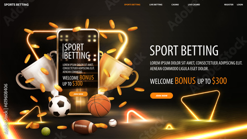 Fotografia Sport betting, black and gold banner with smartphone with champion cups, sport b