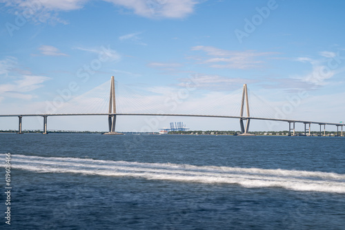 The Arthur Ravenel Jr Bridge in Charleston on a clear summer day.