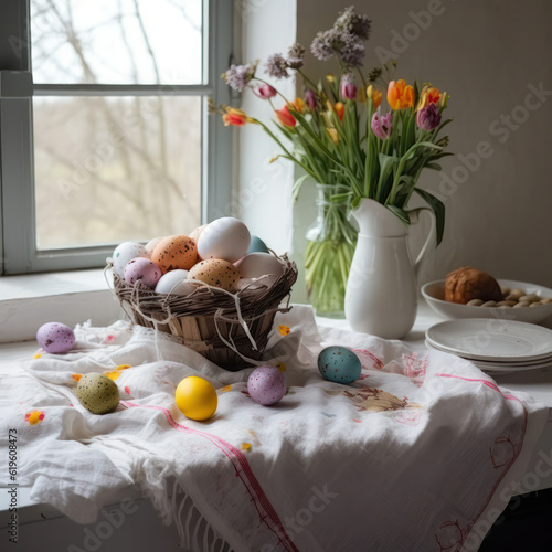 Congratulatory Easter background. Easter eggs on a white tablecloth and flowers in a vase.Generative AI