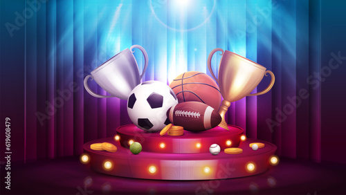 Poster with champion cups and sport balls on red round podium with curtain on background