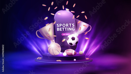 Smartphone with champion cups, falling coins and sport balls on podium with lighting of spotlights. Sport betting poster
