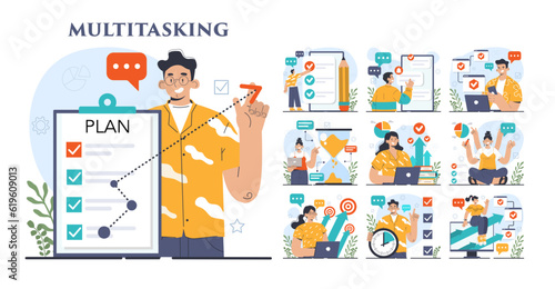 Multitasking concept set. Effective and competent office worker managing