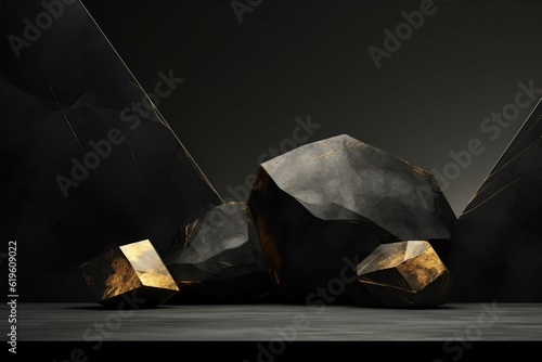 Black AND GOLD geometric Stone and Rock shape background, minimalist mockup for podium display or showcase, Generative ai