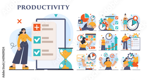 Productivity concept set. Character worktime optimization. Employee