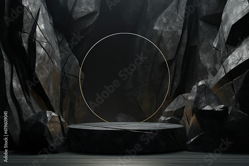 Black geometric Stone and Rock shape background, minimalist mockup for podium display or showcase, Generative ai