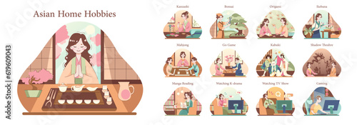 Asian people hobbies set. Characters enjoying their free time by doing