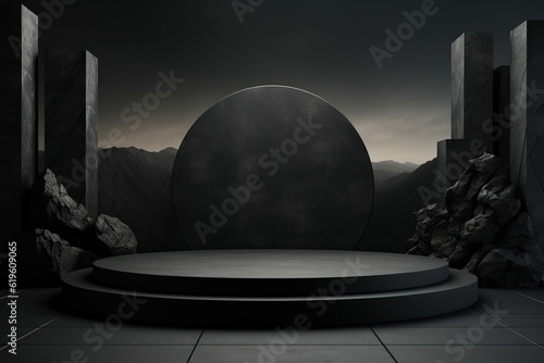 Black geometric Stone and Rock shape background, minimalist mockup for podium display or showcase, Generative ai