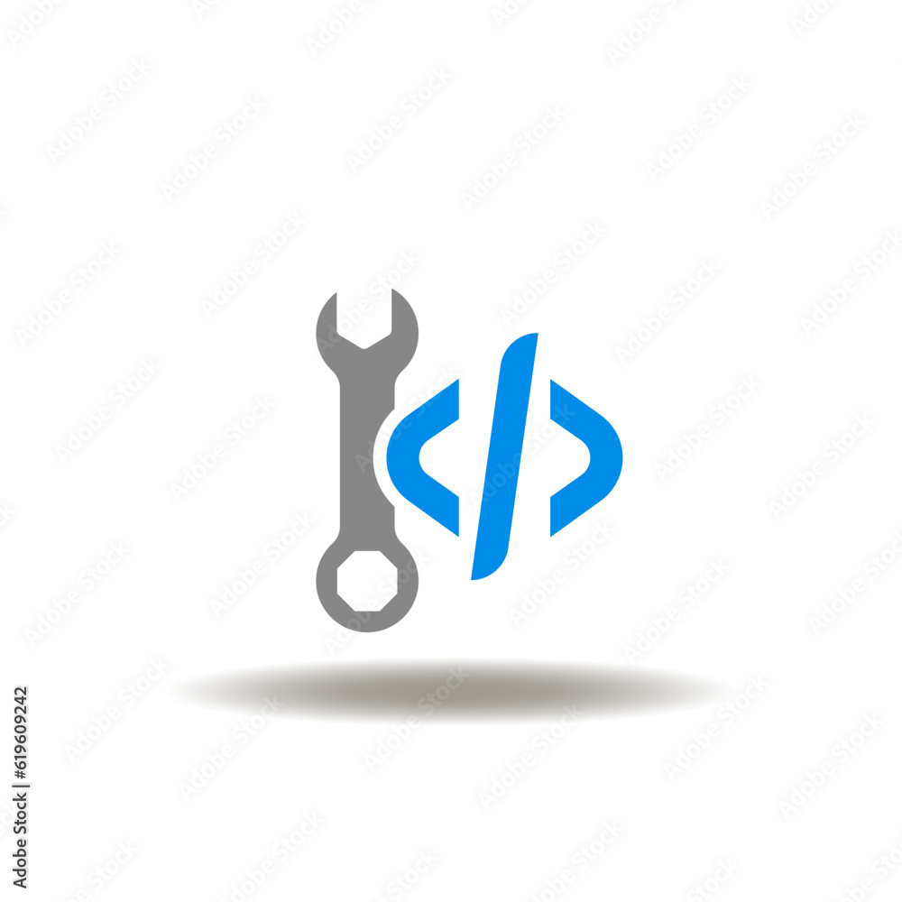 Vector illustration of wrench and code sign. Icon of debug, fix bug. Symbol of debugging. Vector illustration of wrench and code sign. Icon of debug, fix bug. Symbol of debugging.