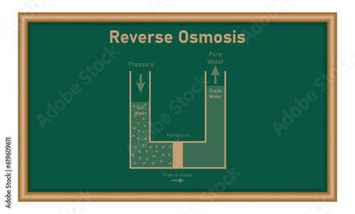 Simple reverse osmosis water filter diagram. Vector illustration isolated on chalkboard.