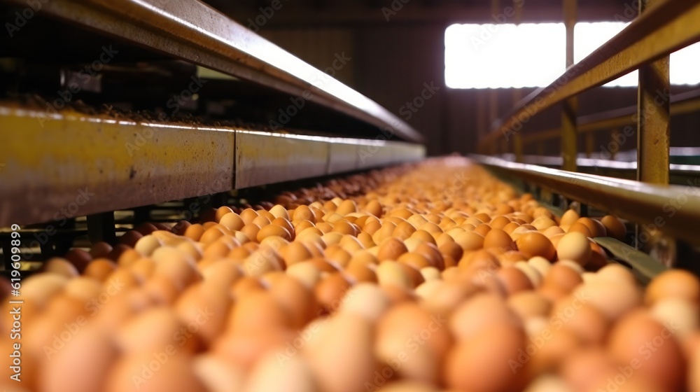Fresh and raw chicken eggs are moved on a conveyor belt to the packaging department. Consumerism, egg production, automated business, organic products concept. Generative AI