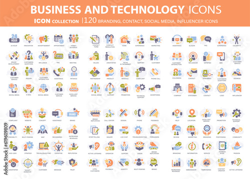 Customer service, branding, influencer, contact icon set. Contact us, follower, marketing, leadership, influence, content, community and customer icons. Support and satisfaction icon set. Vector set 
