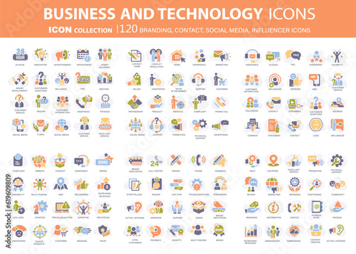 Customer service, branding, influencer, contact icon set. Contact us, follower, marketing, leadership, influence, content, community and customer icons. Support and satisfaction icon set. Vector set	