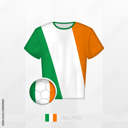 Football uniform of national team of Ireland with football ball with flag of Ireland. Soccer jersey and soccerball with flag.
