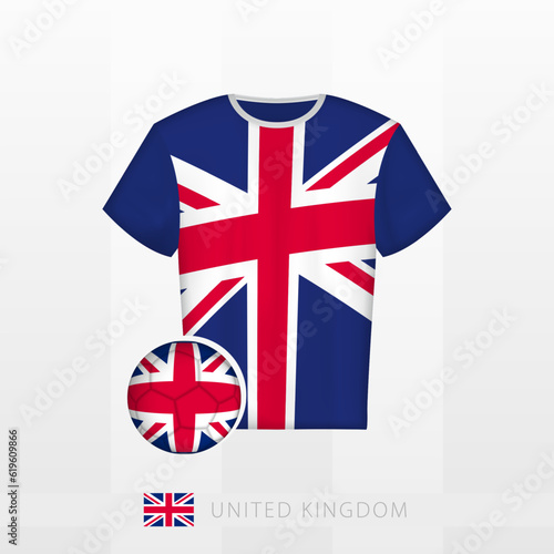 Football uniform of national team of United Kingdom with football ball with flag of United Kingdom. Soccer jersey and soccerball with flag.
