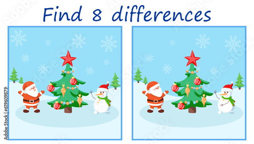 Logic puzzle game. Find 8 differences in Christmas images with Santa Claus, snowman and Christmas tree in winter landscape. Vector illustration for children's development.