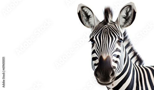 Hartmann's mountain zebra isolated on a white background. Horizontal banner with space for text from the left. Generative AI