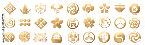 年賀状, アイコン, ベクター, ビジネス, セット, 辰, 辰年, 龍, 筆文字, 金, 金箔, 金色, ゴールド, お正月, 背景, 桜, 梅, 梅の花, 花, 富士山, 初日の出, 鶴, 椿, 菊, 扇, イラスト, 