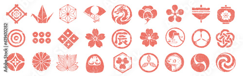 年賀状, アイコン, ベクター, セット, 辰, 辰年, 龍, 筆文字, お正月, 桜, 梅, 梅の花, 花, 扇, ダルマ, 鶴, 富士山, 椿, 菊, イラスト, 御朱印, 
