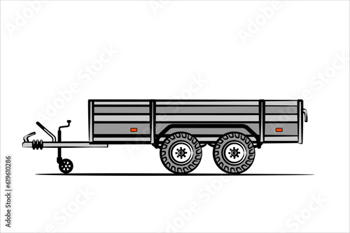 Open car trailer with awning. Car trailer with two wheel axle. Side view. Flat vector illustration isolated on white background.