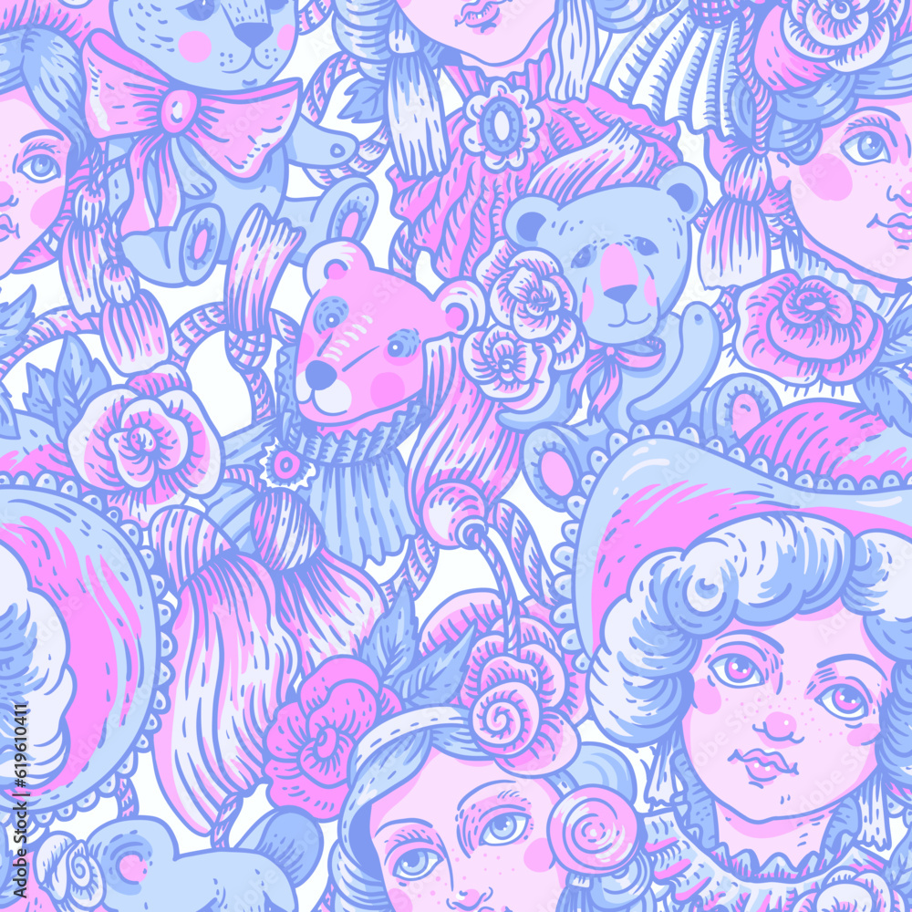 Naklejka premium Vintage doll pink neon seamless pattern, vector flowers and needlework cartoon texture