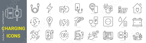 set of 36 line icons charging, battery related. car charging station, recycling, phone charging. Collection of Outline Icons. Vector illustration.