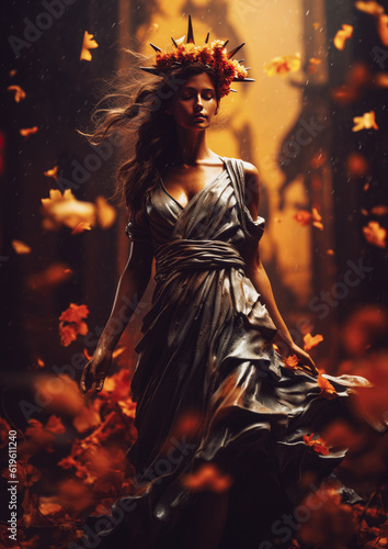 Liberty Lady futuristic and fairytale autumn concept. Fantasy princess. Fashion idea. The woman wears a spiky wreath and a fairy-tale silvery dress that shimmers. Autumn leaves, warm tones.