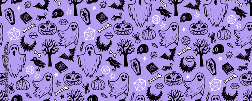 Halloween seamless pattern. Vector artwork background with holiday symbols of the day of the dead. Cute autumn design. Scary horror sketch art. Magic wallpaper illustration with ghost and pumpkin