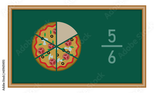 Five sixths pizza fractions. Fraction for kids. Pizza slices. Fraction fun with pizza. vector illustration isolated on chalkboard.