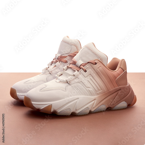 Female white and terracotta sneakers with chunky sole on the terracotta background. photo