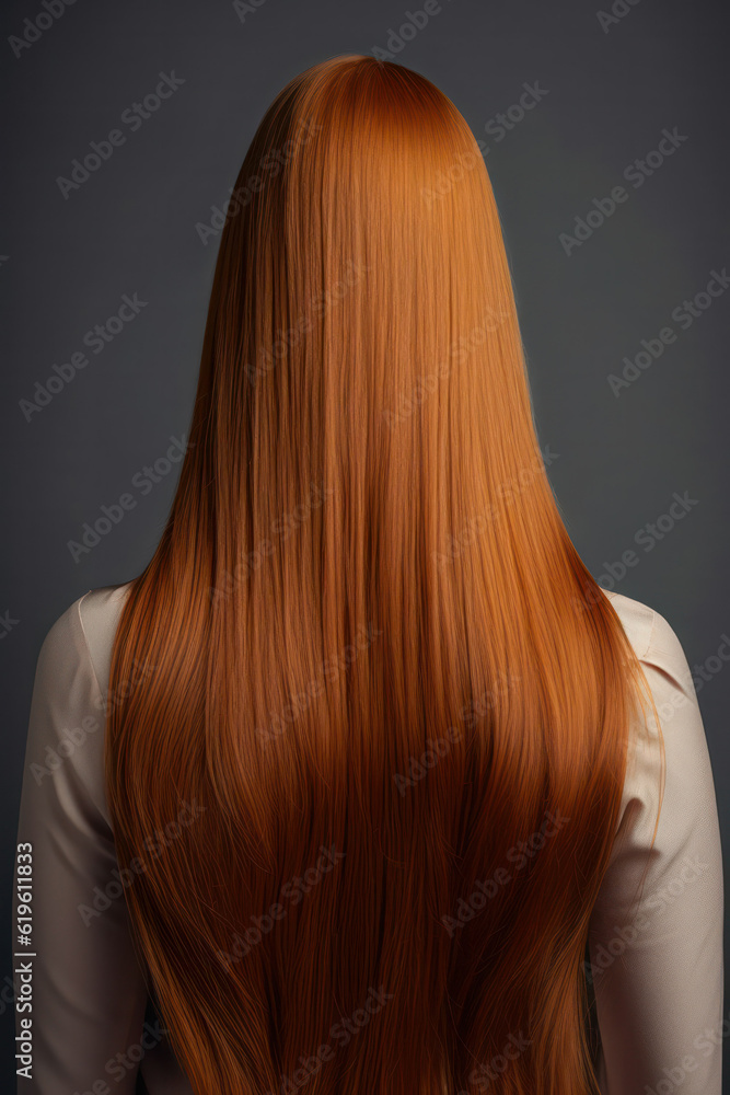 Rear view of a woman with beautiful shiny straight keratin Brown hair on a dark background .Generative AI. Rear view of a woman with beautiful shiny straight keratin Brown hair on a dark background .Generative AI.