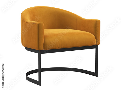 Modern orange velvet upholstery armchair with metal base. 3d render.
